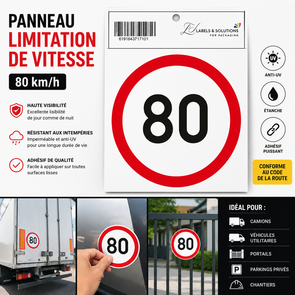 Panneau Autocollant Limitation de Vitesse 80 km/h – Ø10cm