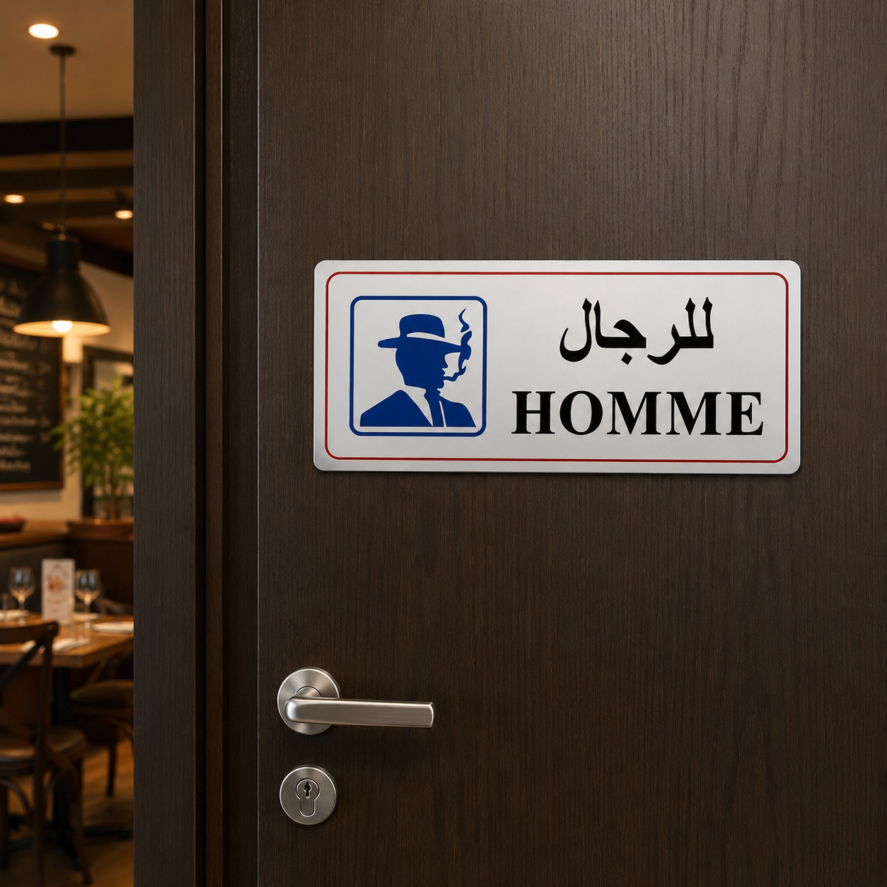 Plaque autocollante Homme للرجال posée sur porte restaurant bilingue français-arabe – signalisation quincaillerie SQES Tunisie