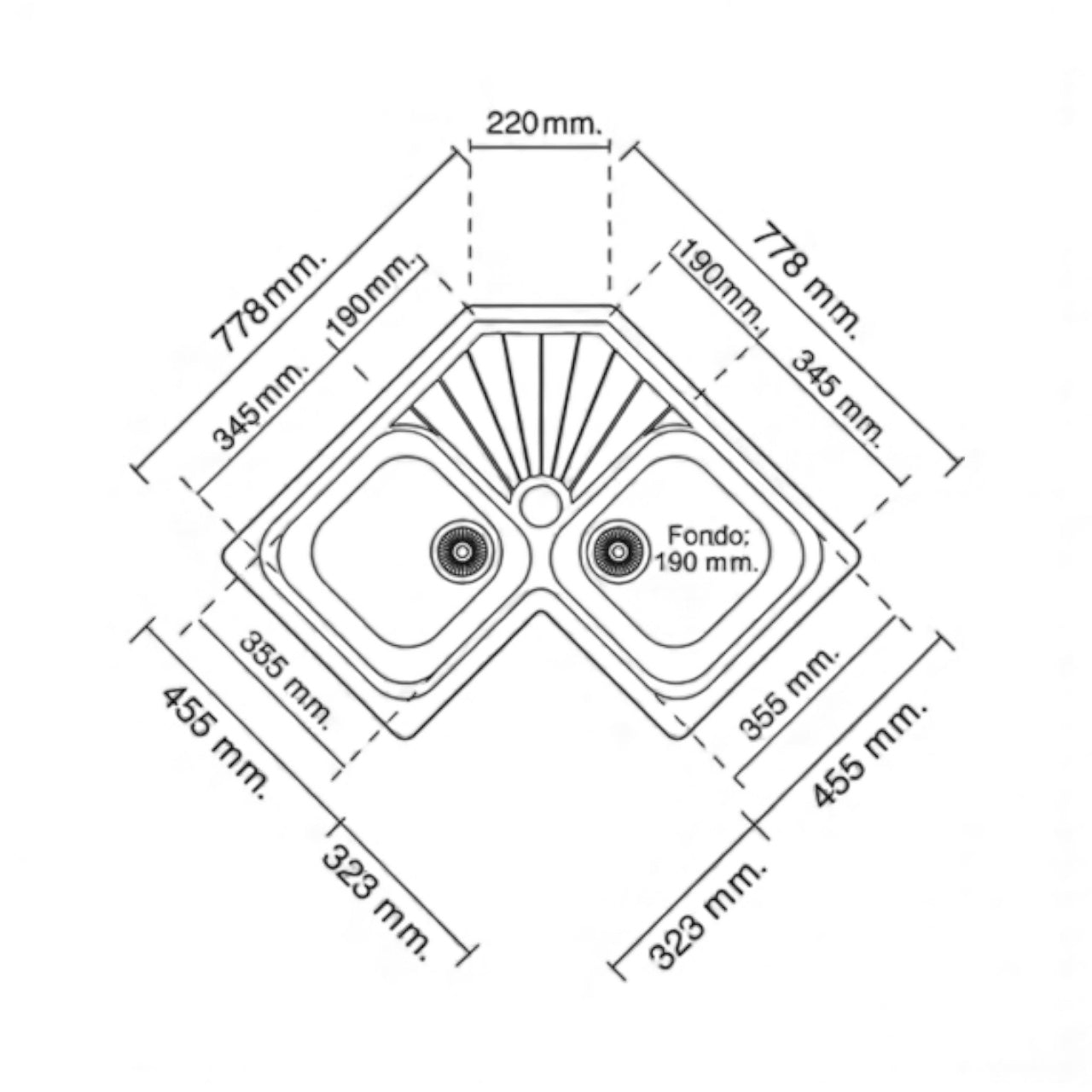 Évier d'Angle en Inox 2 Cuves avec Égouttoir 830x830mm