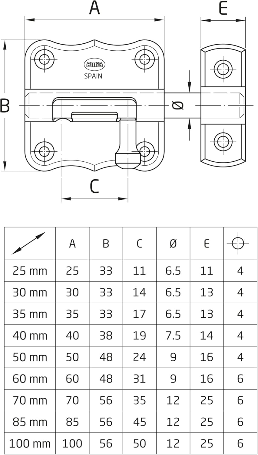 Verrou Box Nickelé – Tailles 30 mm, 40 mm, 50 mm et 60 mm