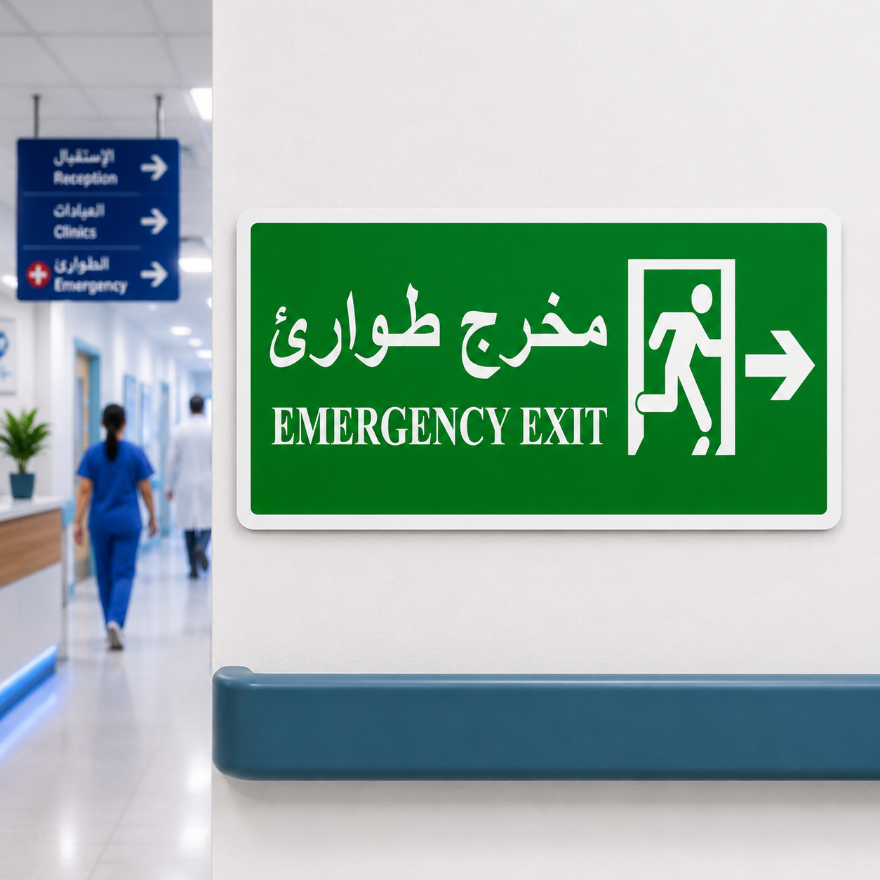 Plaque Emergency Exit مخرج طوارئ fixée sur mur couloir hôpital bilingue anglais-arabe PVC vert – signalisation sécurité quincaillerie SQES Tunisie