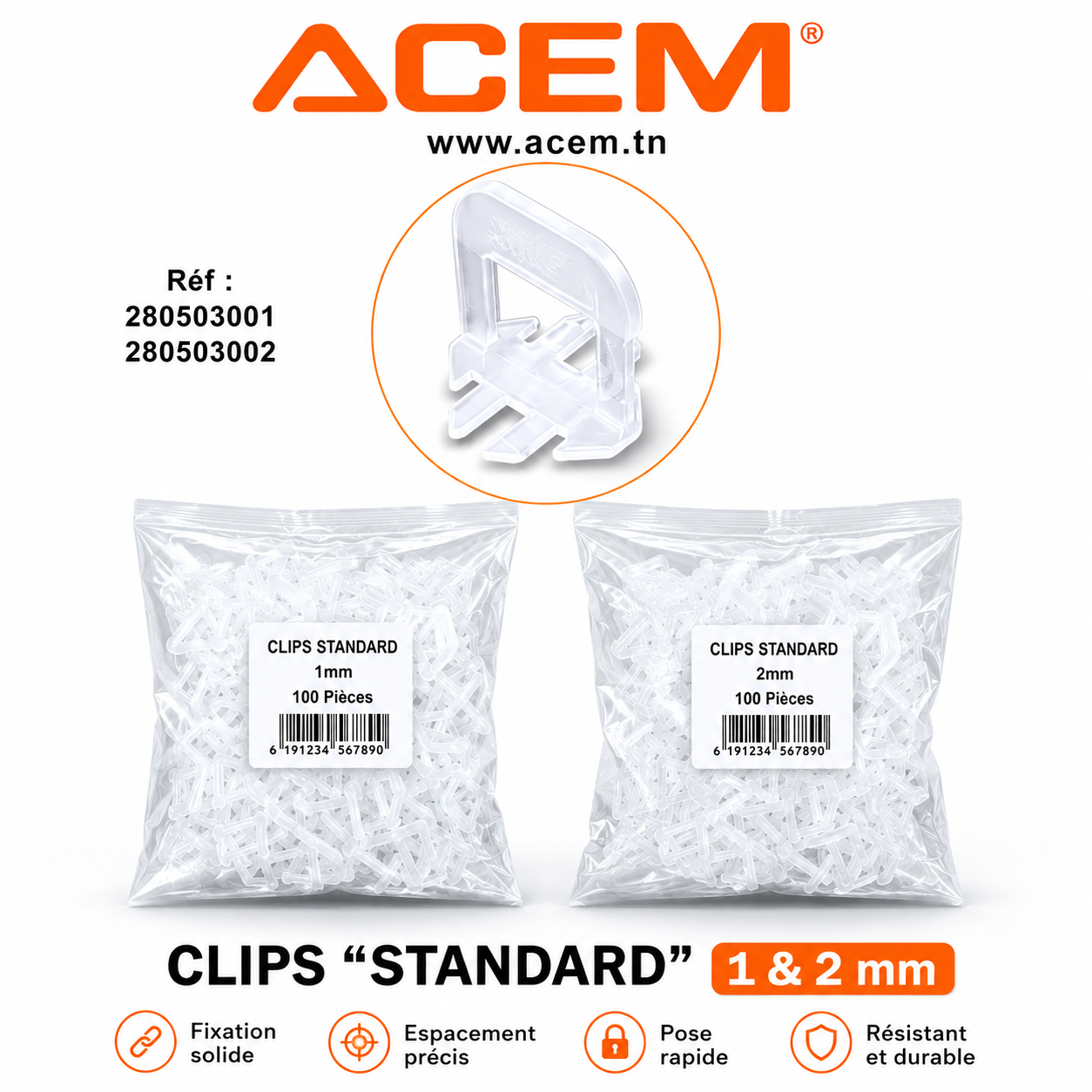 Clips de carrelage ACEM Standard 1 mm et 2 mm pour système de nivellement de carrelage, sachets de 100 pièces, accessoires de pose de carrelage pour espacement précis et finition professionnelle.