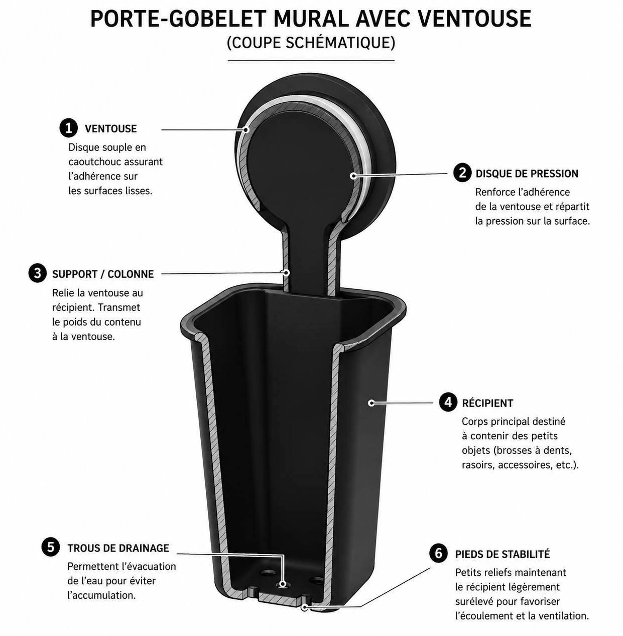 Porte-Verre à Ventouse ABS Noir EJIM – Sans Perçage
