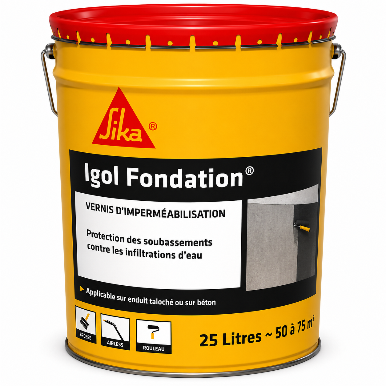 Igol Fondation 25L, enduit imperméabilisation fondations brai bitumineux. Murs soutènement, béton enterré, protection infiltrations eau. SQES Tunisie.