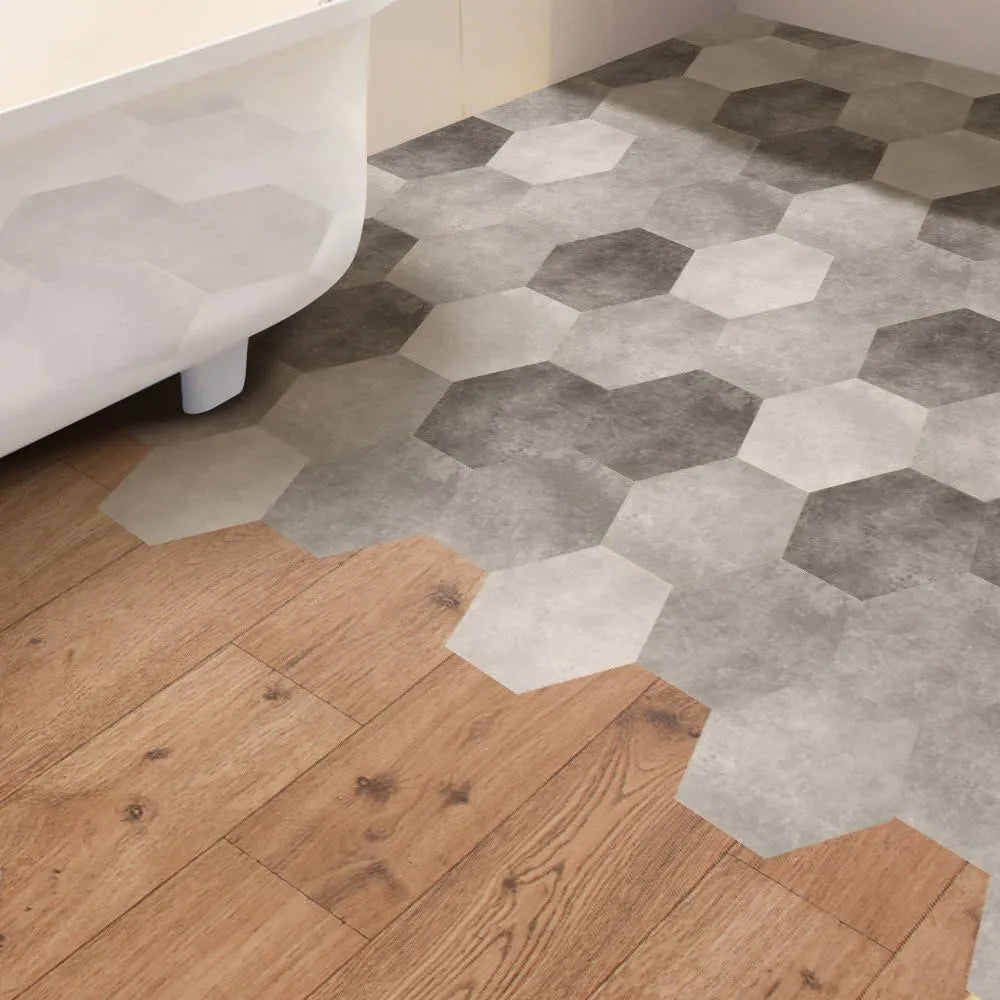 Panneaux autocollants de sol en PVC (12 pcs) imperméables et antidérapants hexagonaux 23cmx20cm, Noir, gris et blanc Marbre - SQES