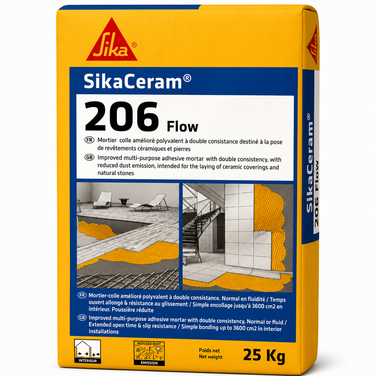 SikaCeram®-206 Flow 25kg, mortier-colle amélioré C2-TEG double consistance. Grands carreaux, rénovation sans primaire, piscines, sols industriels. SQES Tunisie.