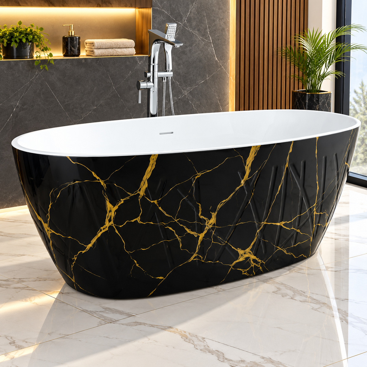 Baignoire autoportante SP1877-MB, intérieur blanc et extérieur à motif marbre noir, bord fin slim rim, 170 × 80 × 55 cm, bonde et trop-plein | SQES Tunisie
