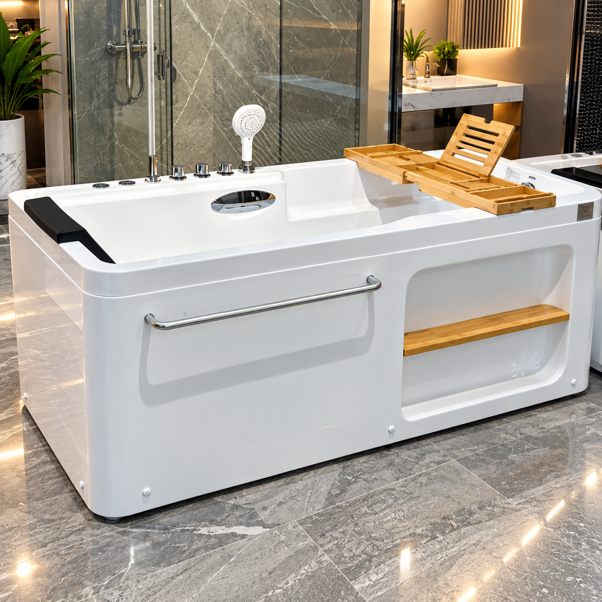 Baignoire de massage blanche M1782-17-R, hydromassage 1 HP à 13 jets et bain à bulles, 170 × 86,5 × 65 cm, LED sous-marine, cascade et douchette | SQES Tunisie