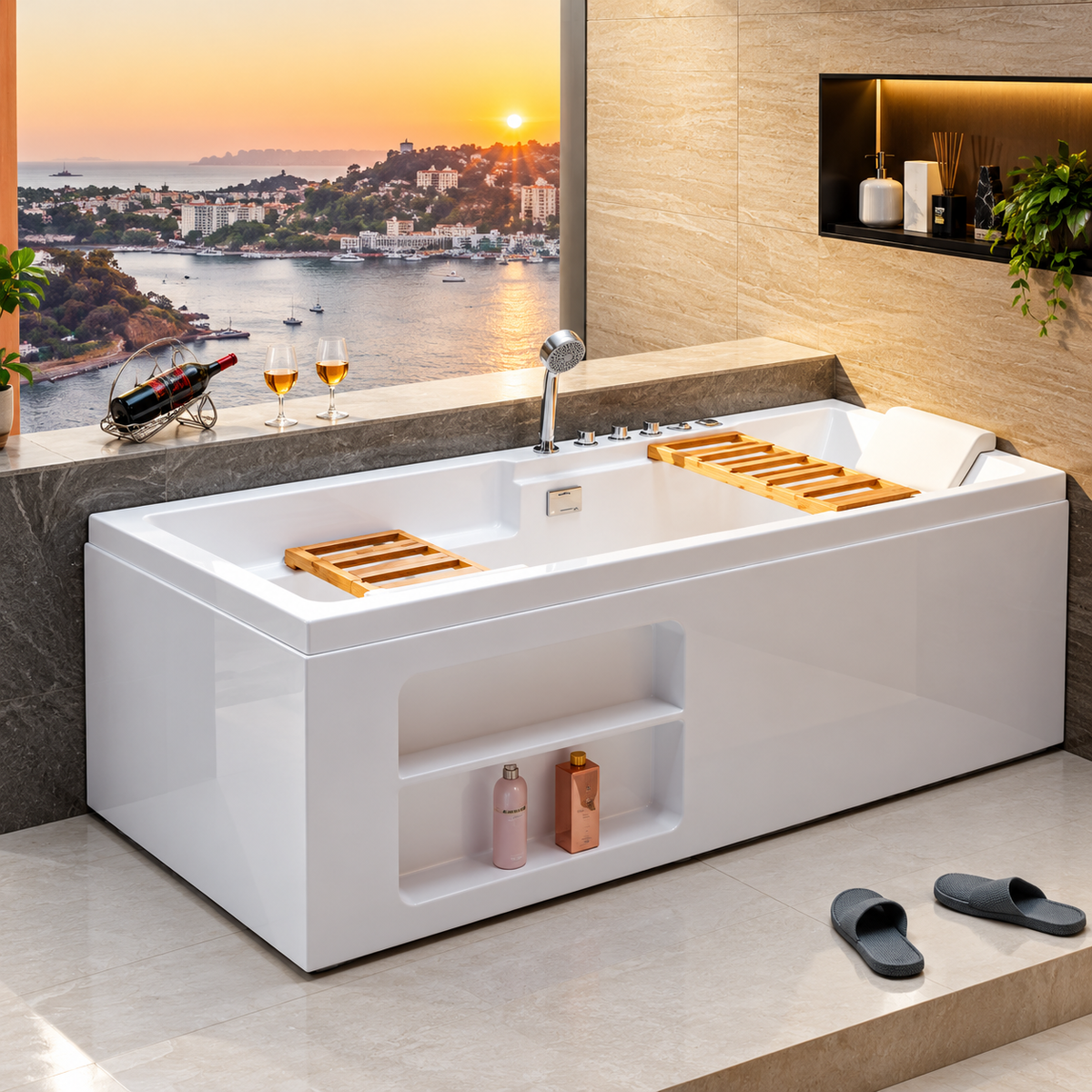 Baignoire de massage M1785-R, hydromassage 1 HP à 13 jets, bain à bulles 300 W et LED, 172,5 × 80,5 × 62 cm, robinetterie cascade et douchette | SQES Tunisie