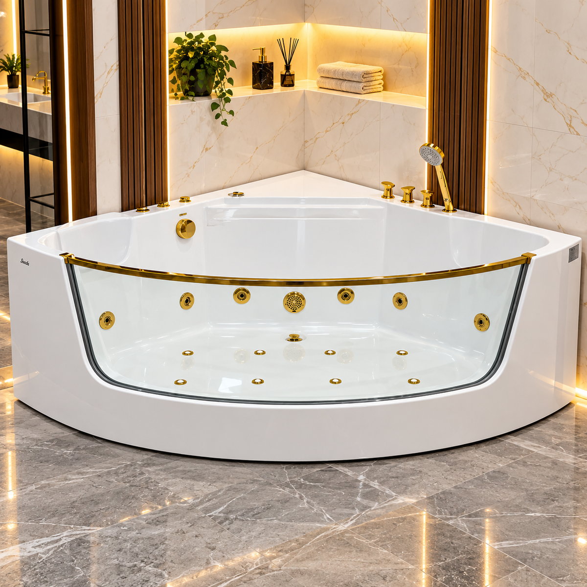 Baignoire hydromassage M3157 138 × 138 × 65 cm, pompe 1,5 HP et 6 jets, bain à bulles 300 W à 8 jets LED, cascade cachée et verre trempé 8 mm | SQES Tunisie