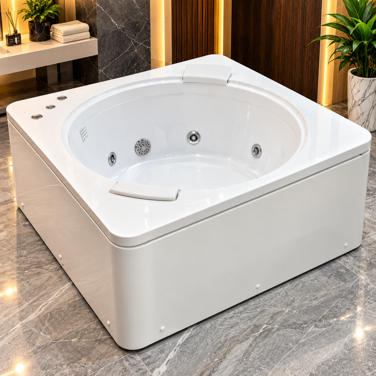 Baignoire hydromassage MP7400-DG 145 × 145 × 66 cm, pompe 2 HP et 6 jets, bain à bulles 300 W à 8 jets LED, cascade digitale et chauffage thermostatique | SQES Tunisie