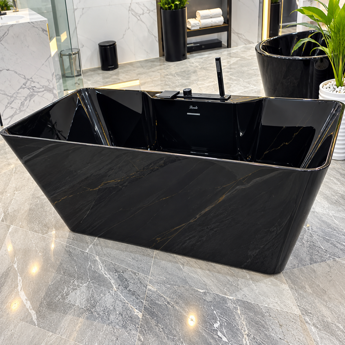 Baignoire autoportante SP2852-17-J-GB noir brillant avec robinetterie noir brillant, mitigeur, inverseur et douchette, 170 × 80 × 58 cm, bonde et trop-plein | SQES Tunisie