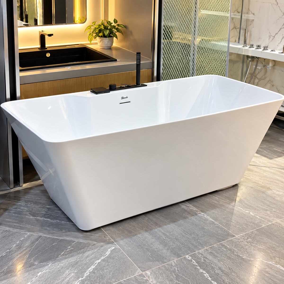 Baignoire autoportante blanche SP2852-17-J-MB avec robinetterie noir mat, mitigeur, inverseur et douchette, 170 × 80 × 58 cm, bonde et trop-plein | SQES Tunisie