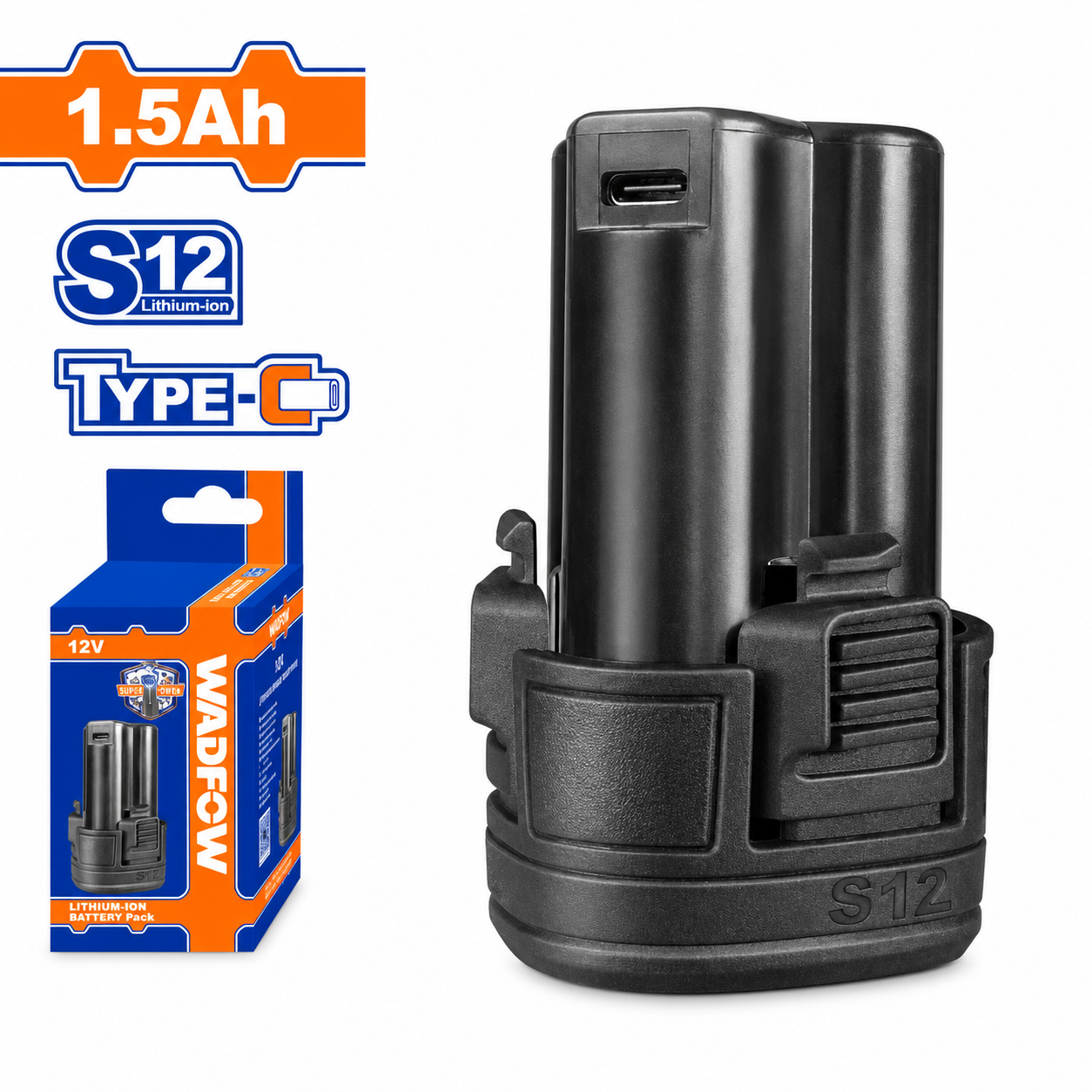 Batterie Li-ion 12V 1.5Ah USB Type-C WADFOW WLBS5150 — Remplacement Outils Sans Fil | SQES Tunisie