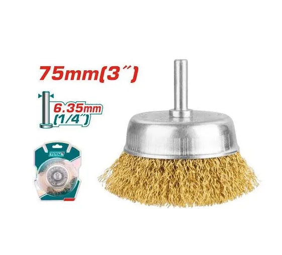 Brosse métallique à tige TOTAL TAC33031 Ø75mm – tige 6,35mm (1/4"), compatible perceuses et outils rotatifs, nettoyage ébavurage dérouillage