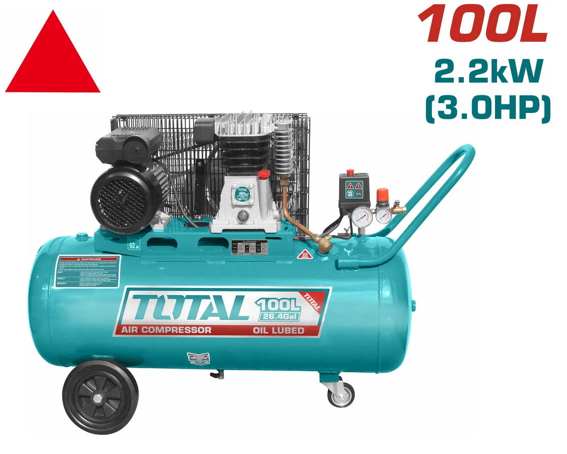 Compresseur d'air TOTAL TC1304006E 100L 2,2kW (3CV) – pression 8 bar, 1100 tr/min, courroie, pompe huilée, 92dB, 3000h, caisse contreplaqué