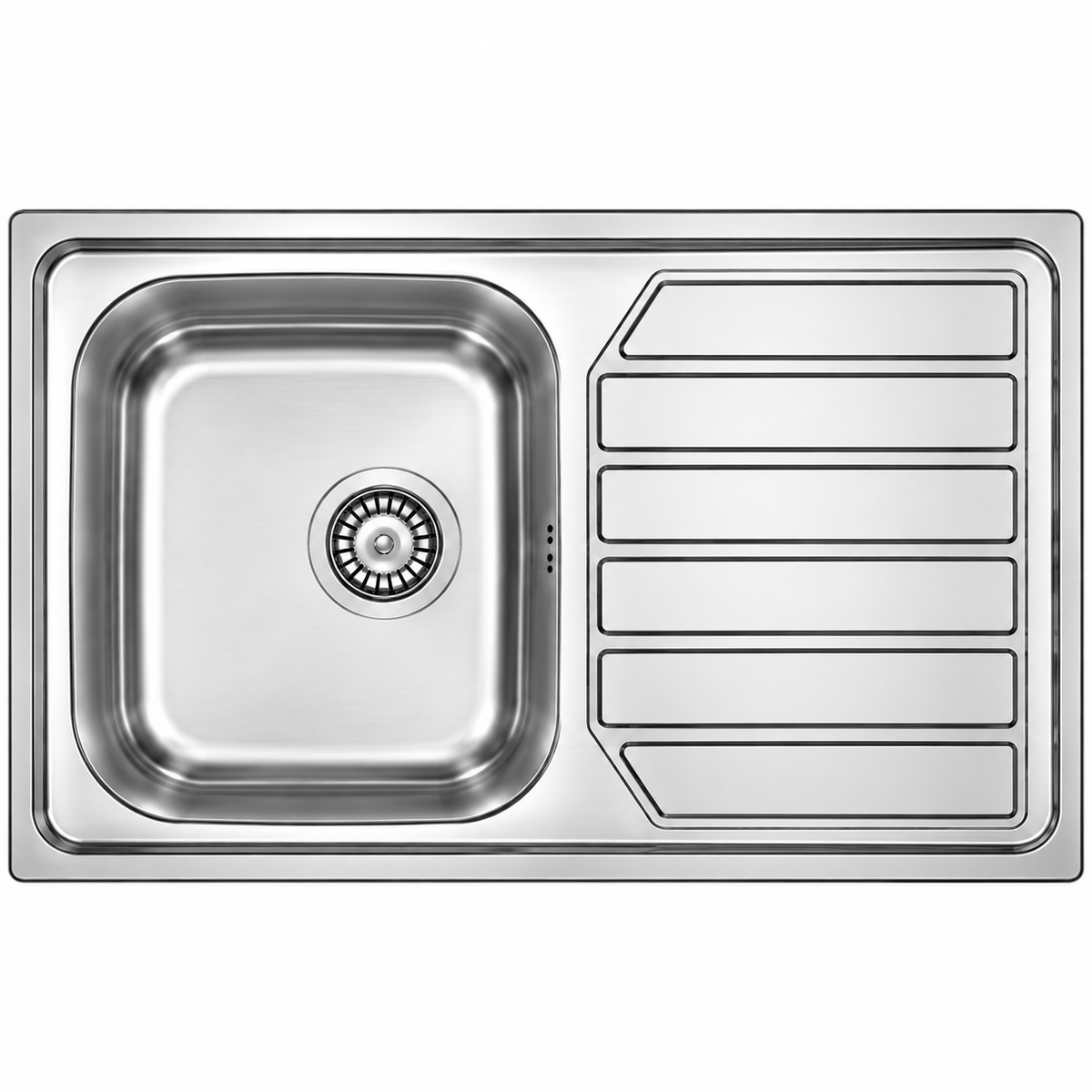 Évier de cuisine inox avec une cuve carrée et un égouttoir. Caractéristiques techniques et dimensions vérifiées disponibles sur SQES.tn.