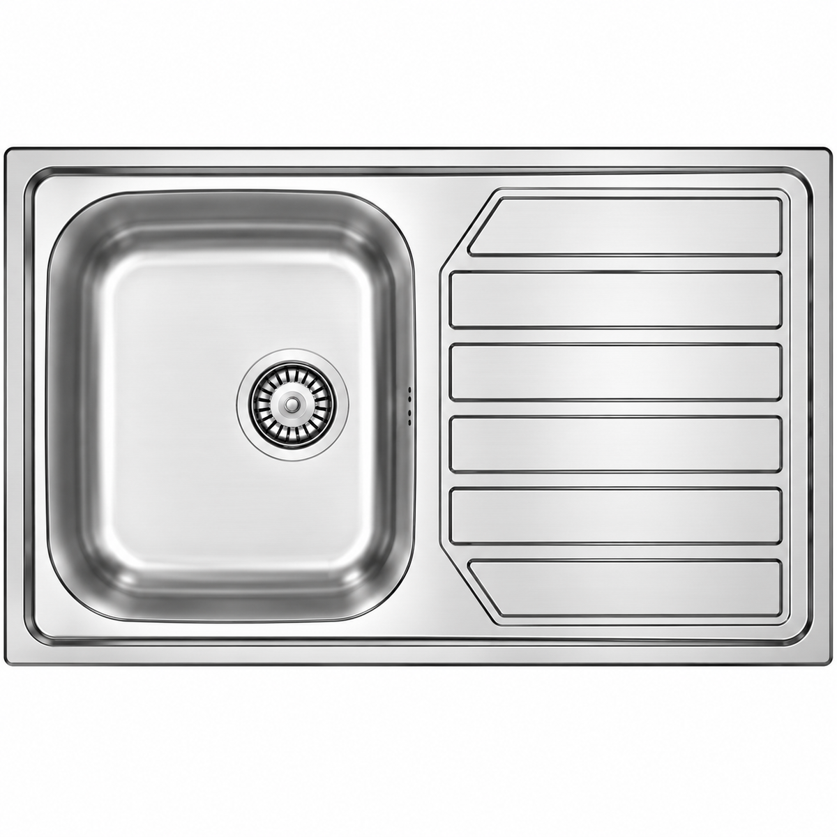 Évier de cuisine inox 800×500 mm avec une cuve et un égouttoir, pratique pour le lavage et l'égouttage en cuisine.