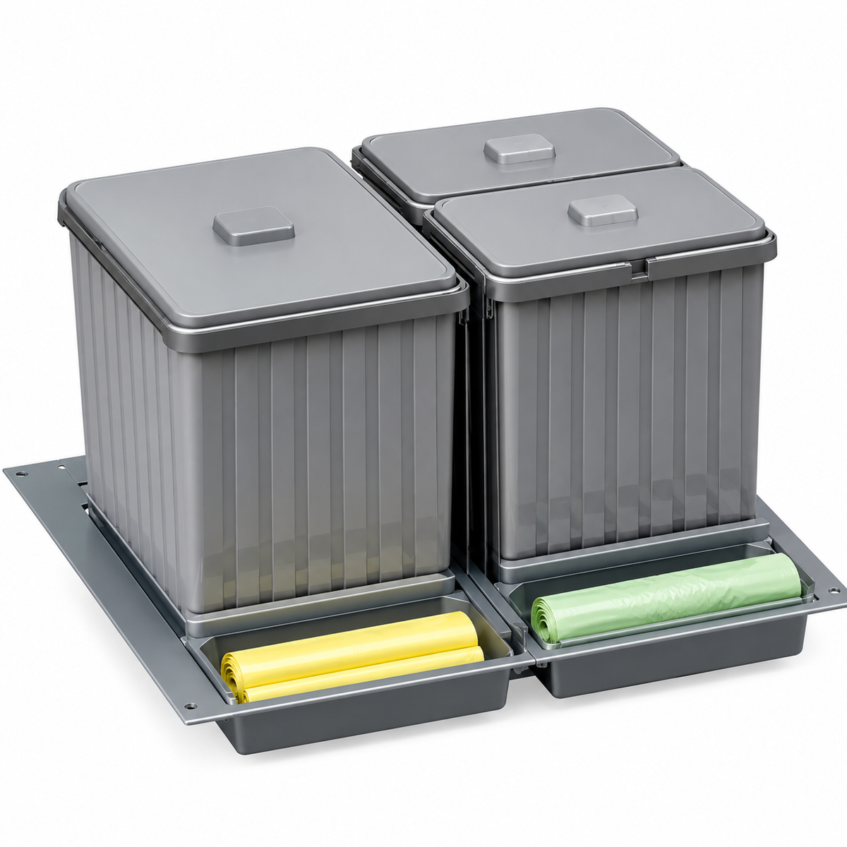 Kit poubelle de tiroir Gollinucci 4090ACC102 gris, 3 bacs, un de 14 L et deux de 6,5 L, capacité totale 27 L, pour le tri en cuisine | SQES Tunisie