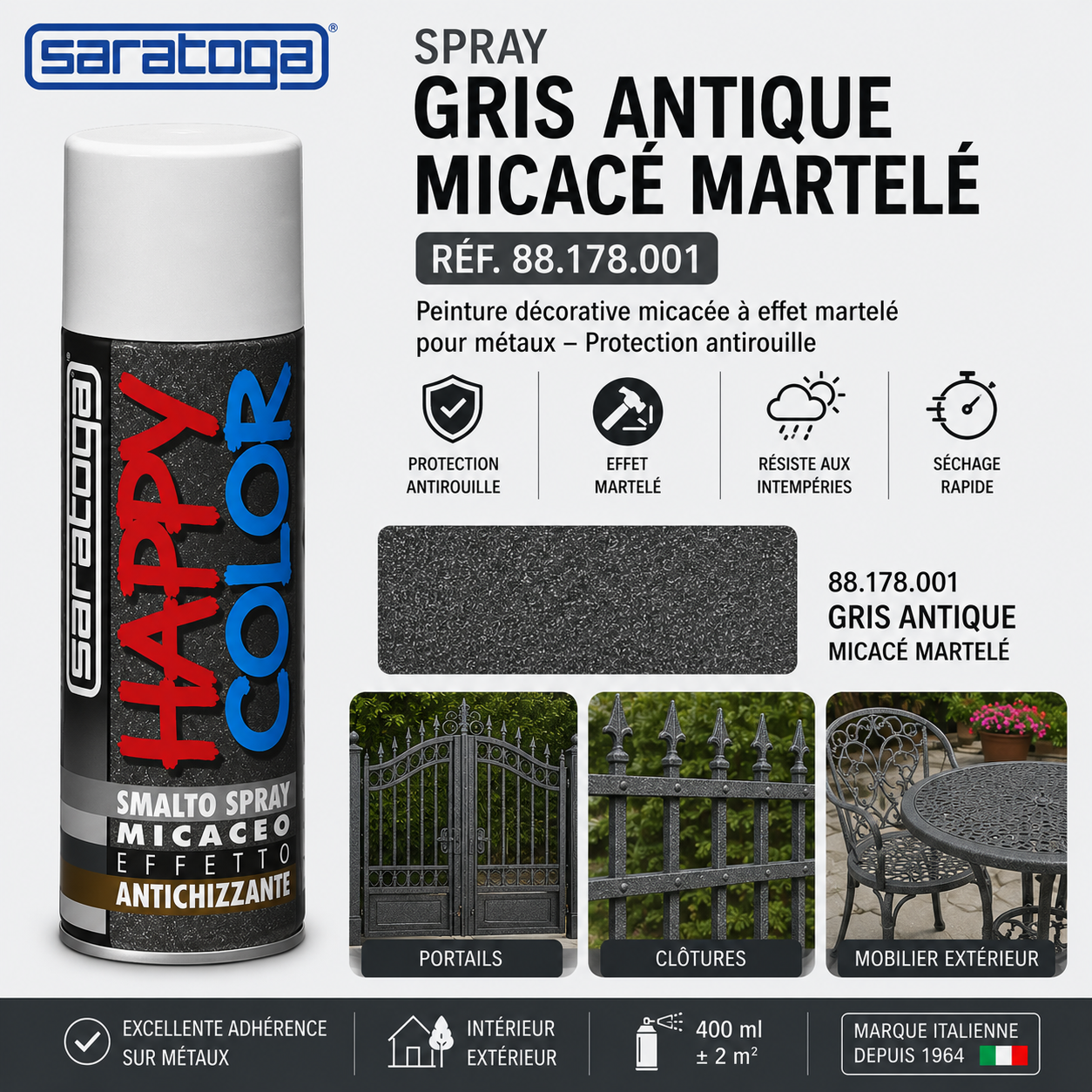Spray Happy Color Gris Antique Micacé Martelé 400ml Saratoga – antirouille, portails, ferronnerie, mobilier extérieur. Meilleur prix Tunisie – SQES.