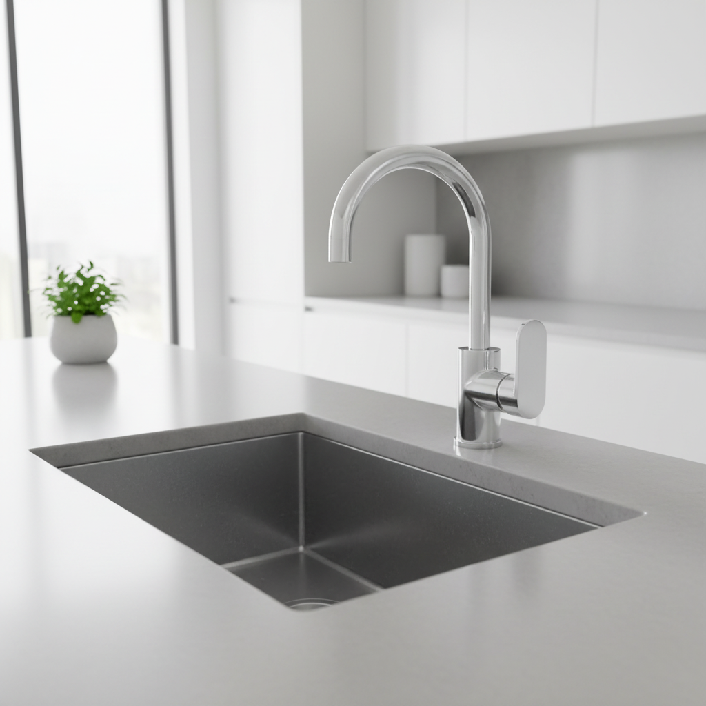 Mitigeur évier FRAMO C200 installé dans une cuisine moderne en inox