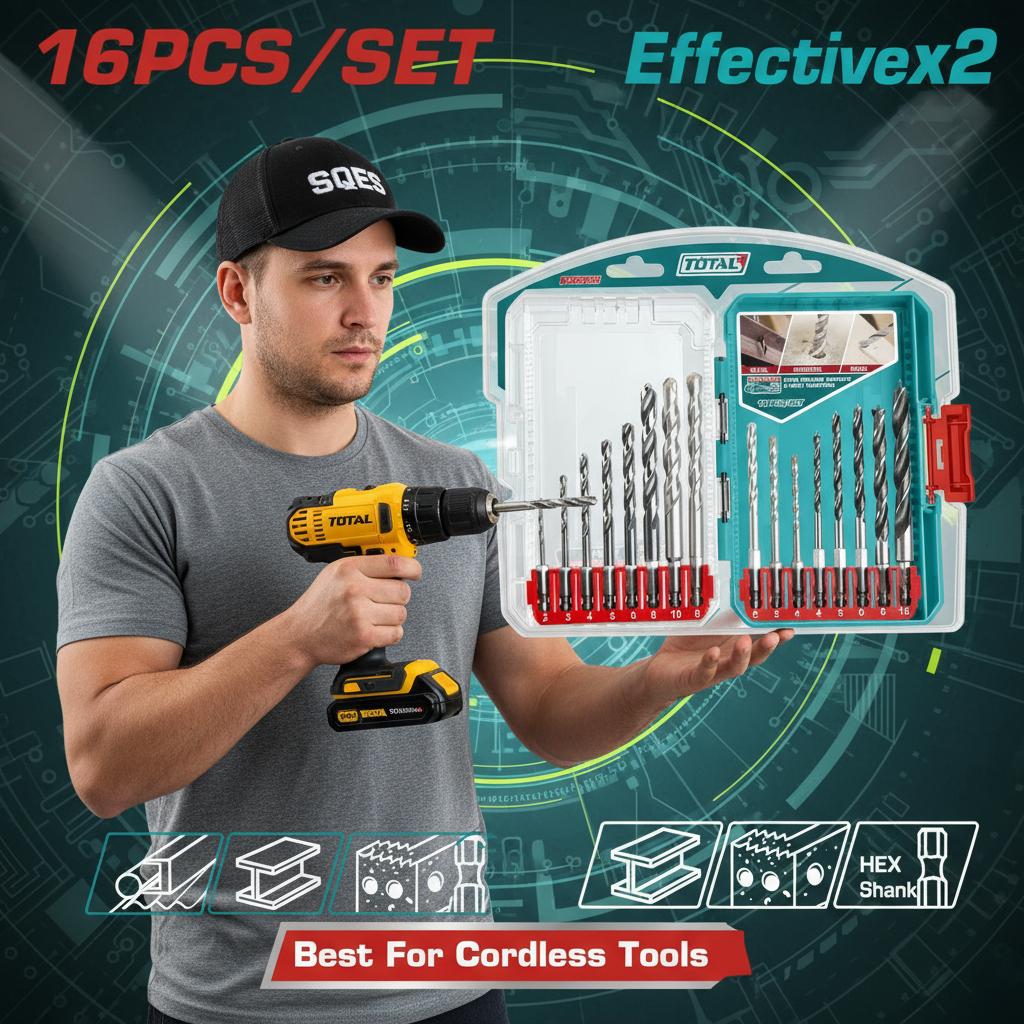 Coffret 16 Forets TOTAL TACSDL11608 – HSS Métal, Carbure Maçonnerie, Bois | Tige Hex