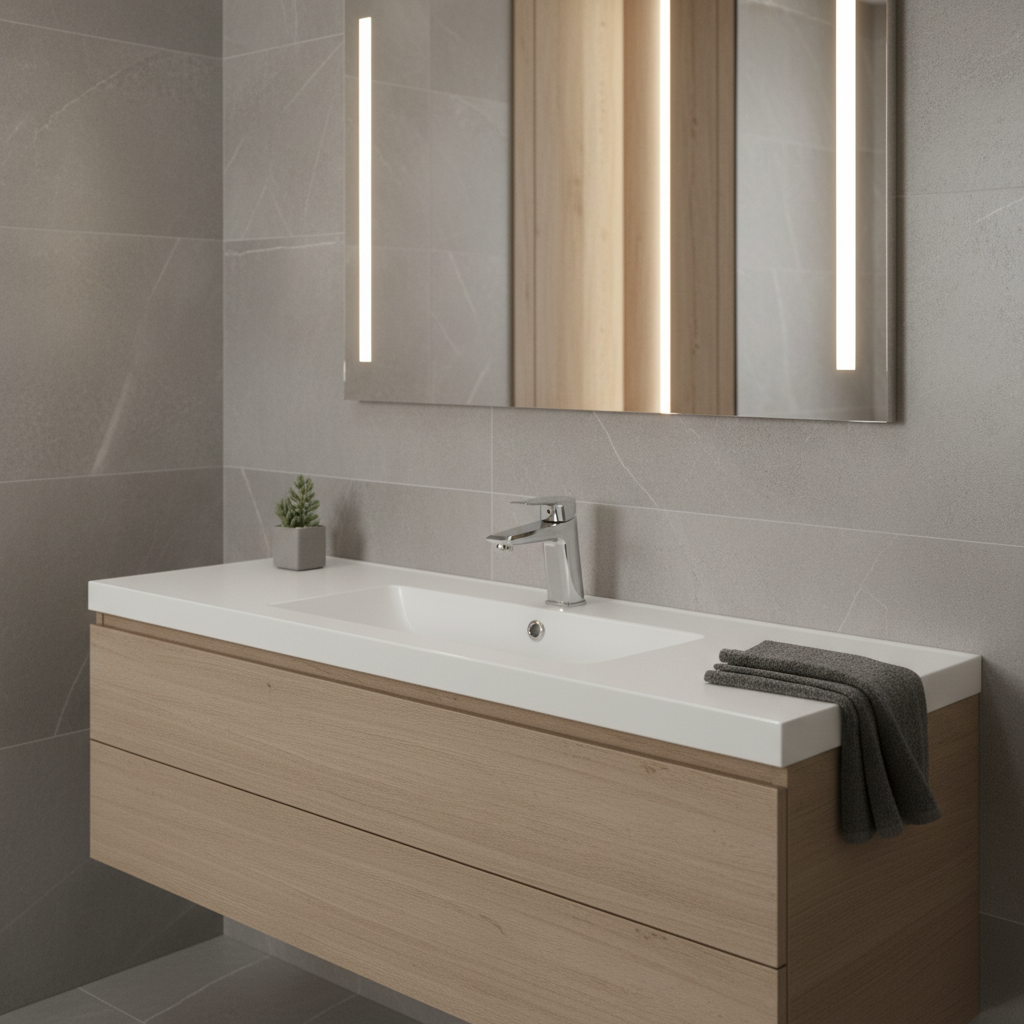 Mitigeur FRAMO C200 chromé installé dans une salle de bain moderne élégante
