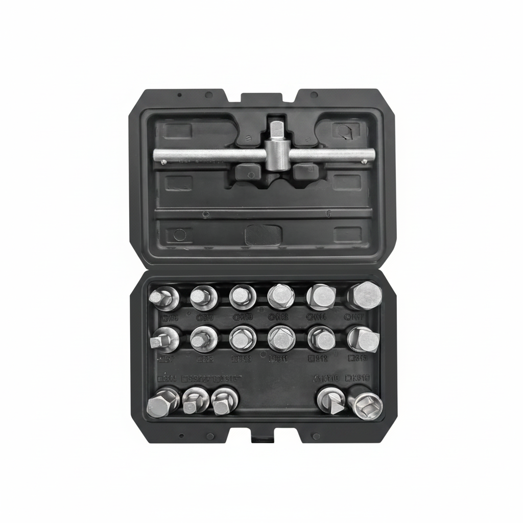 Jeu 18 clés de vidange bouchons huile CrV 3/8" YATO YT-0599 coffret ouvert vue intérieure