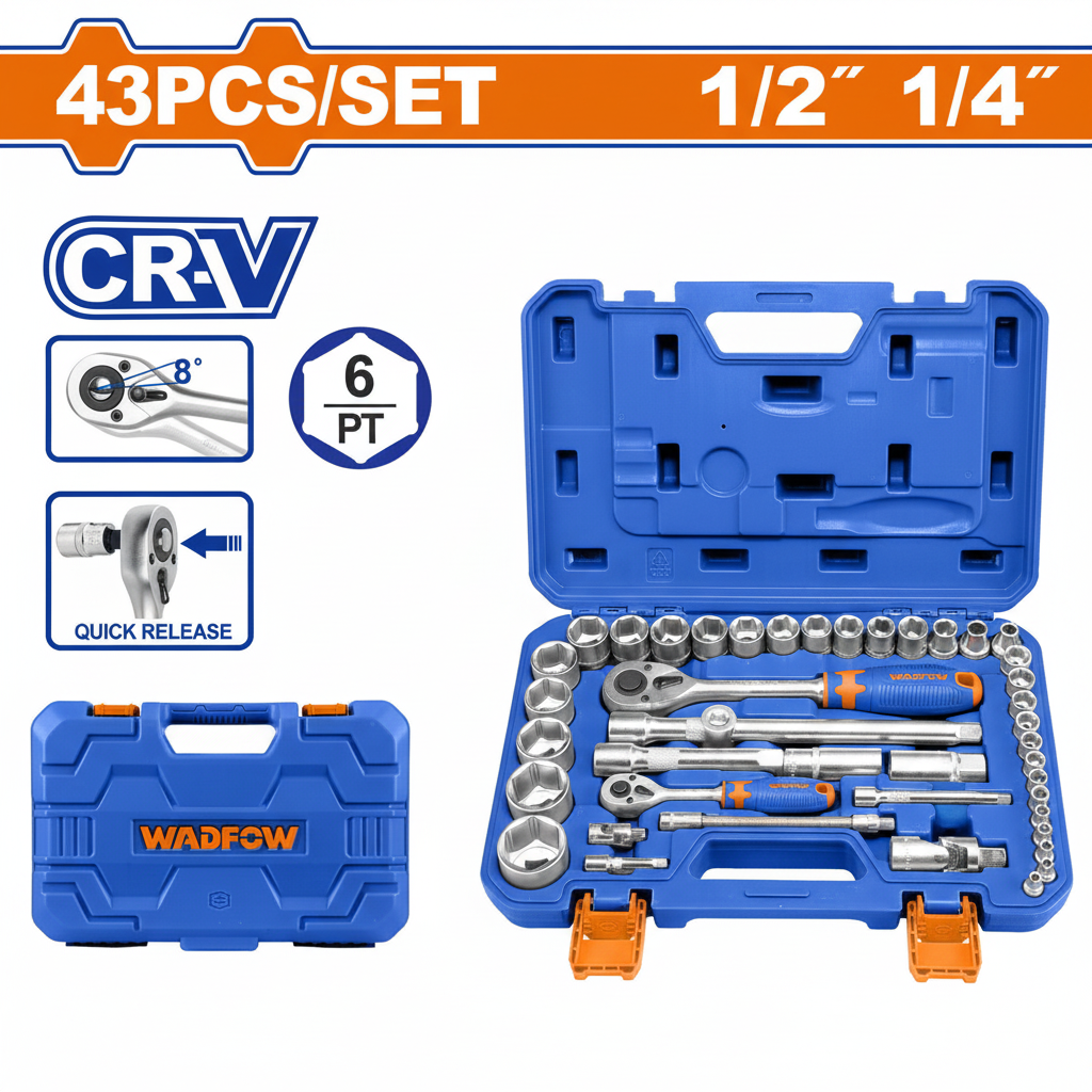 Coffret Douilles 43 Pcs 1/4" & 1/2" 6 Pans CR-V WADFOW