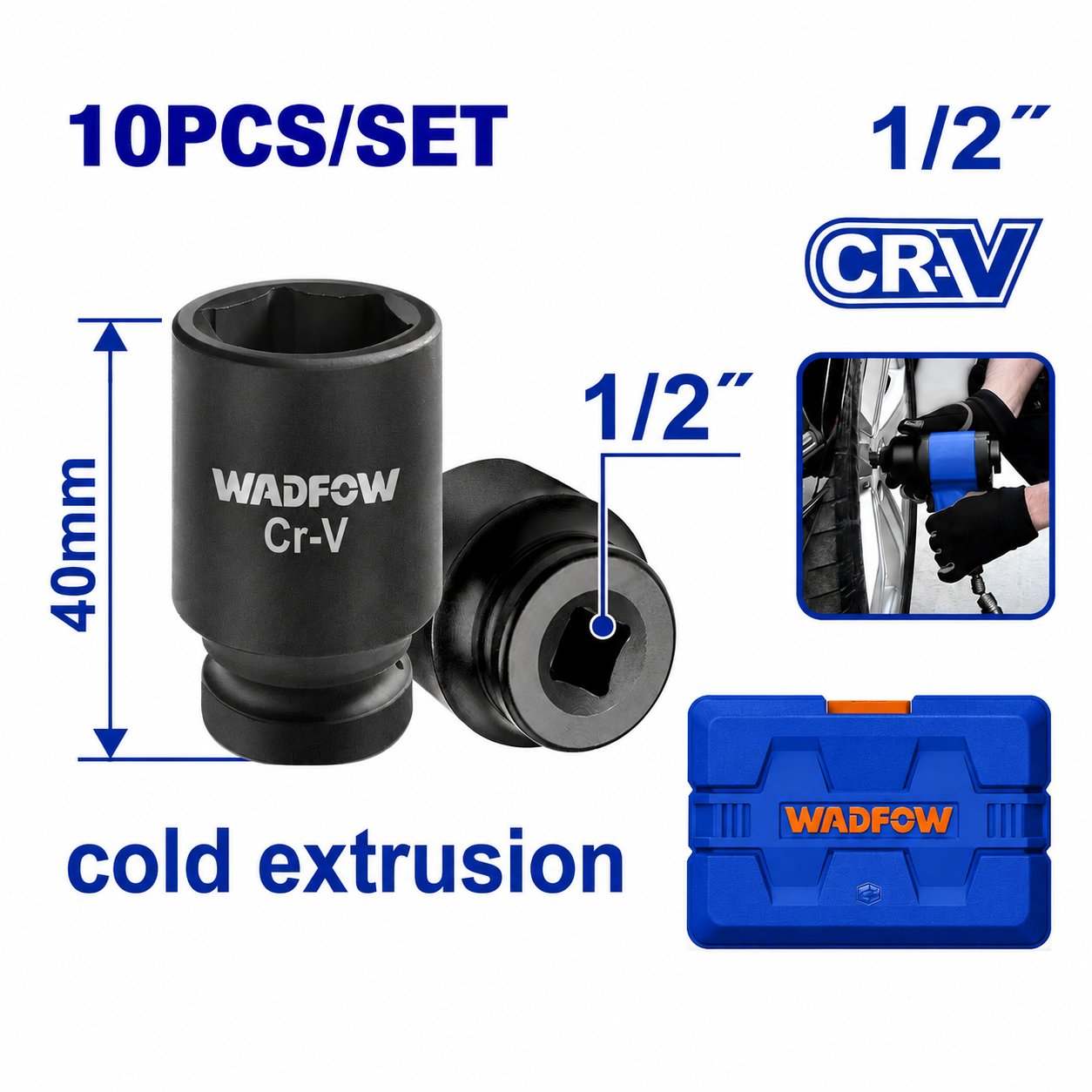 Jeu de 10 Douilles 1/2"×40mm Cr-V WADFOW WMS1D01 — Standard Mécanique Auto Serrage Atelier Chrome-Vanadium | SQES Tunisie