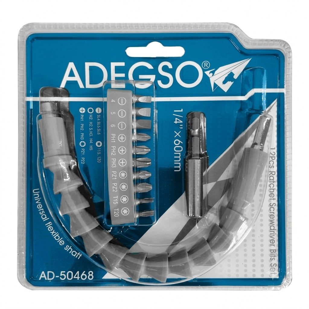 Jeu de 12 pièces embouts avec rallonge ADEGSO AD-50468 — Ratchet Screwdriver Bits Set pour vissage compatible | SQES Tunisie