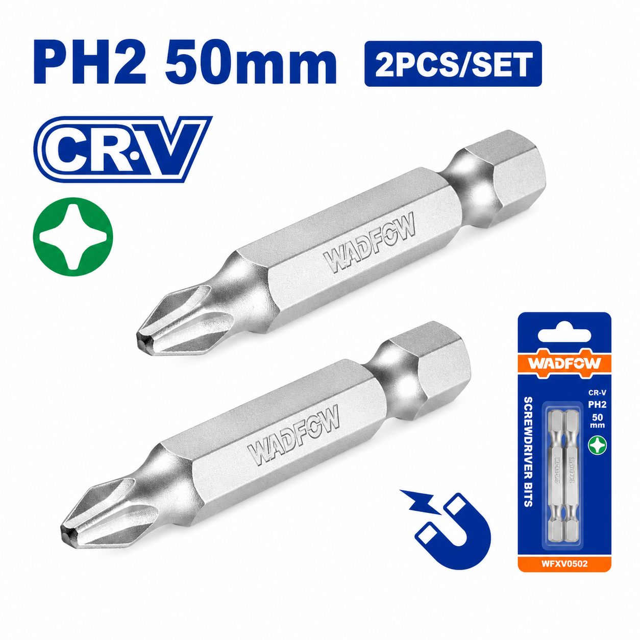 Jeu de 2 Embouts PH2×50mm Cr-V WADFOW WSV2K12 — Vissage Phillips Visseuse Chantier Atelier Bricolage | SQES Tunisie