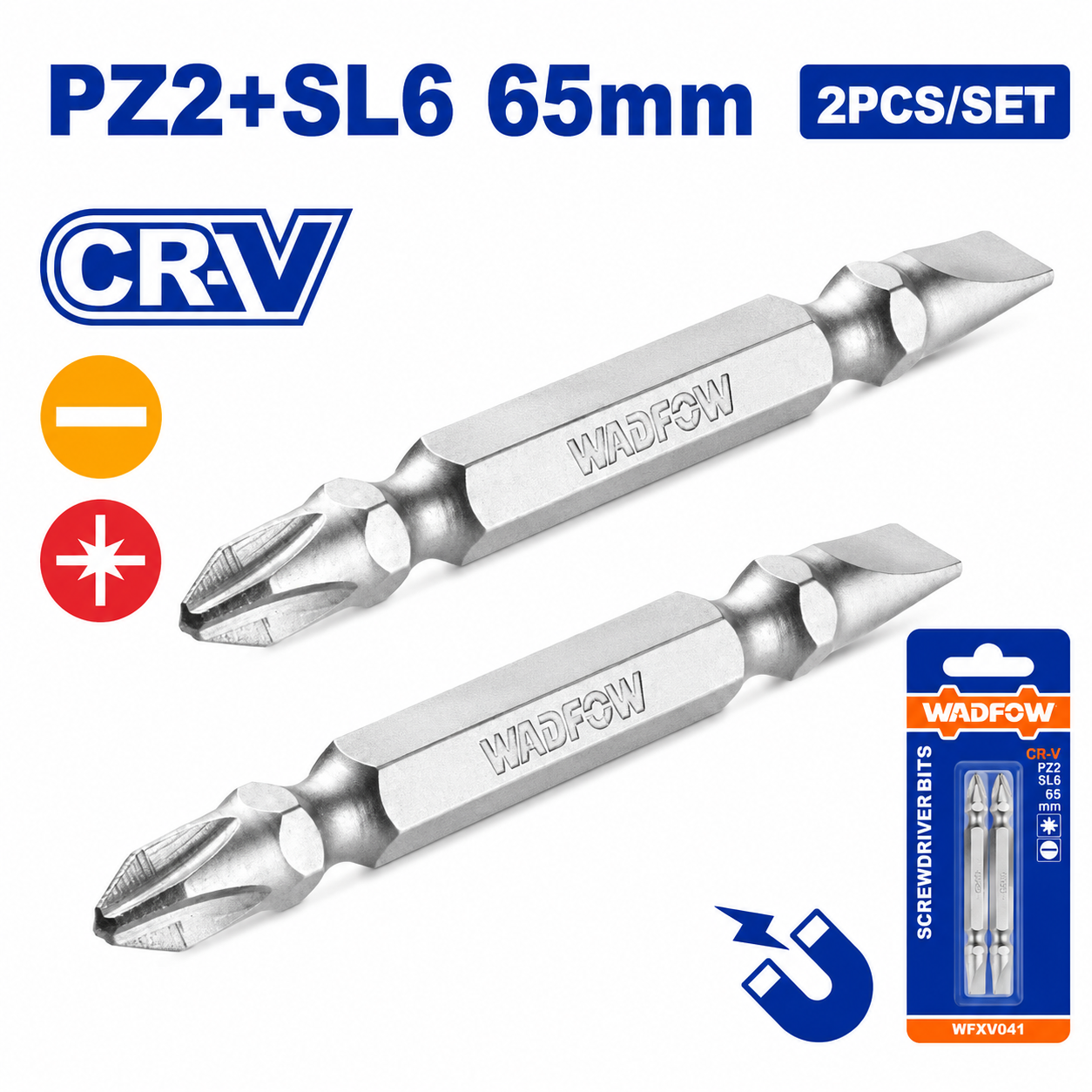 Jeu de 2 Embouts PZ2×65mm Cr-V WADFOW WSV0K21 — Vissage Longue Portée Pozidriv Visseuse Chantier Atelier | SQES Tunisie