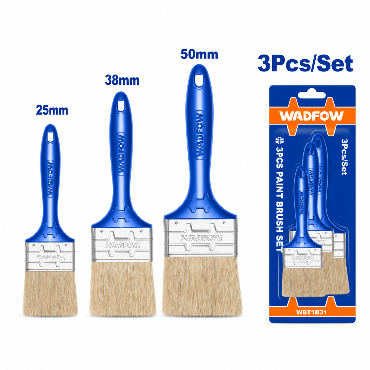 Jeu de 3 Pinceaux Manche Plastique WADFOW WPB1931 — Application Peinture Mur Bois Métal Finition | SQES Tunisie