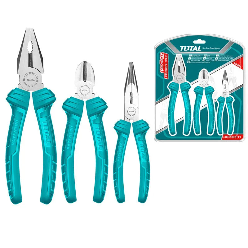 Jeu de 3 pinces TOTAL THT1K0311 – universelle 7", long bec 6", coupante diagonale 6", poignée monobloc, soudure électronique bricolage