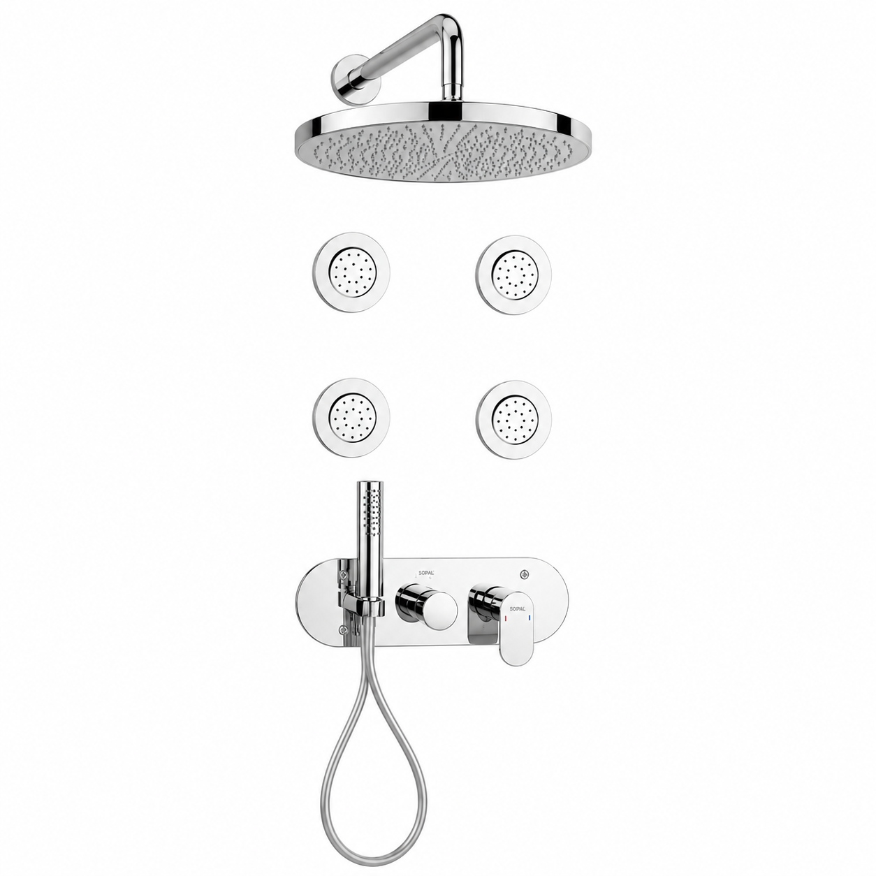 SOPAL Kit Mitigeur Douche Encastré Hydromassage Série Sfax Réf. 06DUA04 — 4 Buses Cylindriques, Inverseur Automatique Verrouillable, Cartouche Céramique Ø35mm Water Saving, Chromé NF EN ISO 1456, Laiton, Garantie 5 Ans, Made in Tunisia | SQES Tunisie