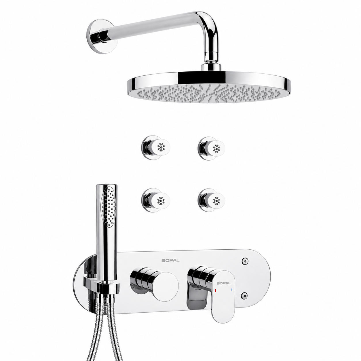 SOPAL Kit Mitigeur Douche Encastré Inverseur Hydromassage Série Sfax Réf. 06CUA04 — Inverseur Automatique Verrouillable, Cartouche Céramique Ø35mm Water Saving, Chromé NF EN ISO 1456, Laiton, Monocommande, Flexibles Souples Sertis d'Usine, Garantie 5 Ans, Made in Tunisia | SQES Tunisie
