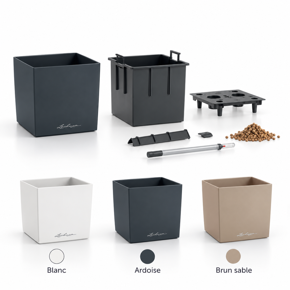 Pot cubique LECHUZA CUBE Color 30, 29,5 × 29,5 × 30 cm, réservoir 3 L et volume de plantation 12 L, disponible en 3 couleurs.