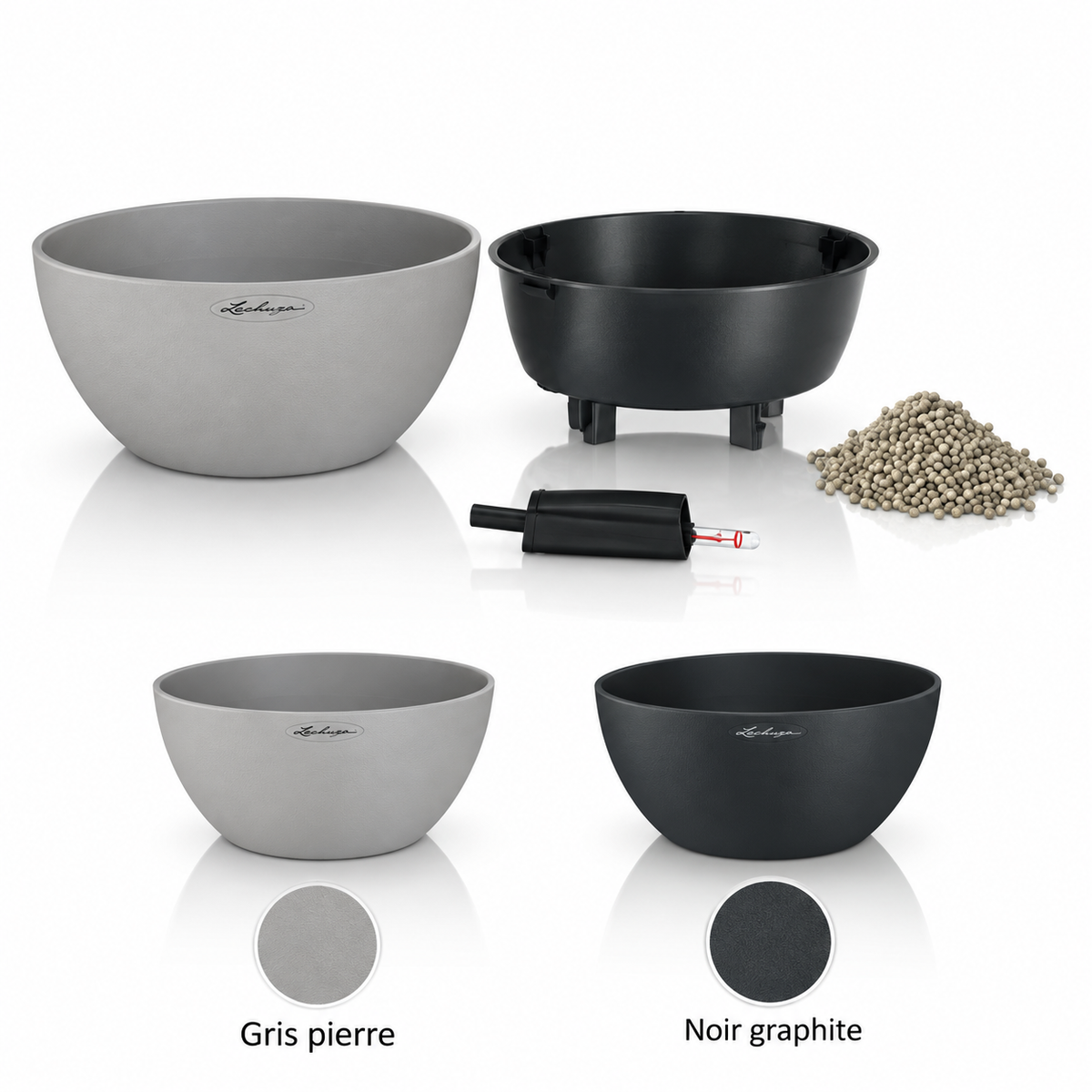 LECHUZA CUBETO Stone 30 Gris pierre 13830 et Noir graphite 13832, pot décoratif effet pierre avec réservoir d’eau 1,6 L et volume de plantation 4,5 L, pour compositions végétales | SQES Tunisie