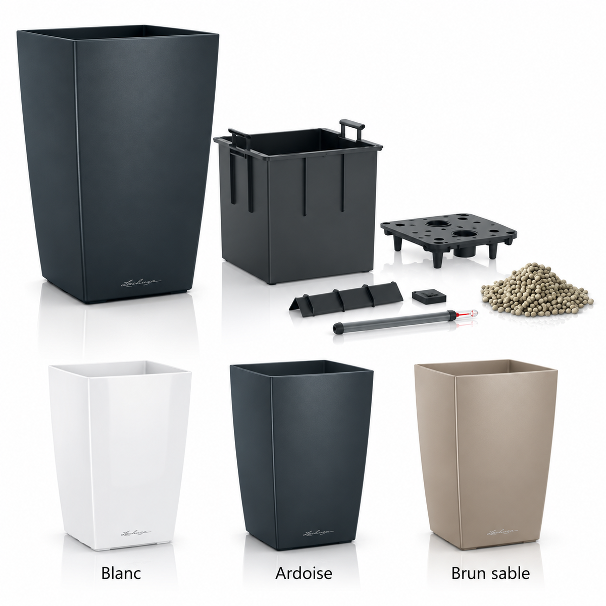 Pot haut LECHUZA CUBICO Color 30, 30 × 30 × 56 cm, réservoir 4 L et volume de plantation 14 L, disponible en 3 couleurs.