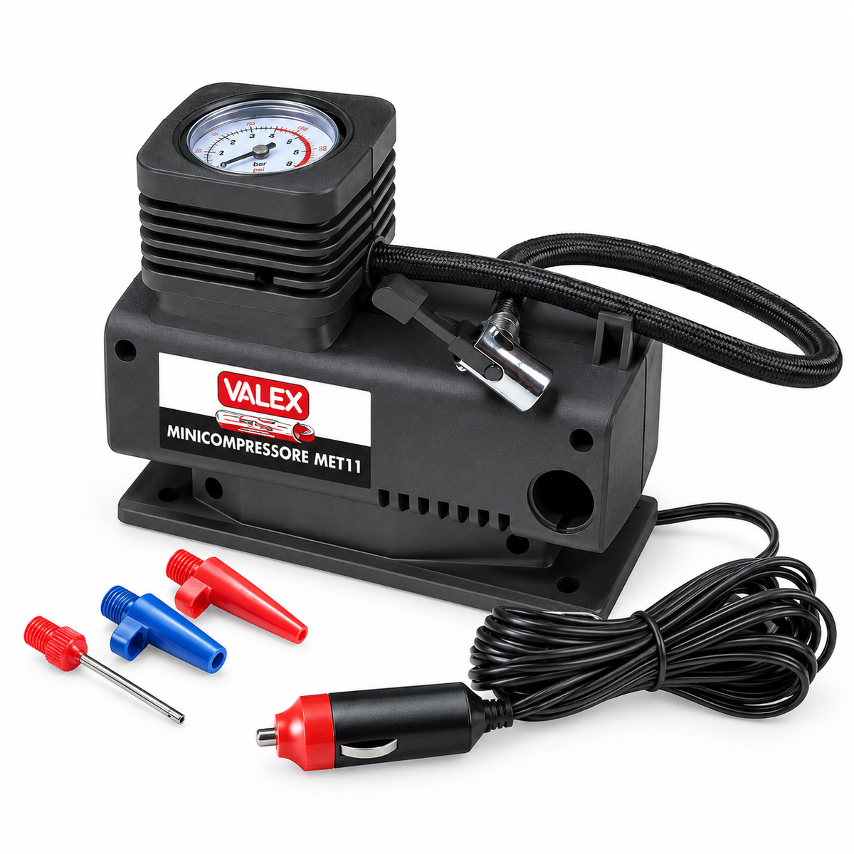 Mini-compresseur auto VALEX MET11 1551566 avec pression maximale 8 bar, prise allume-cigare, manomètre, flexible 0,5 m, câble 2,9 m et 3 embouts | SQES Tunisie
