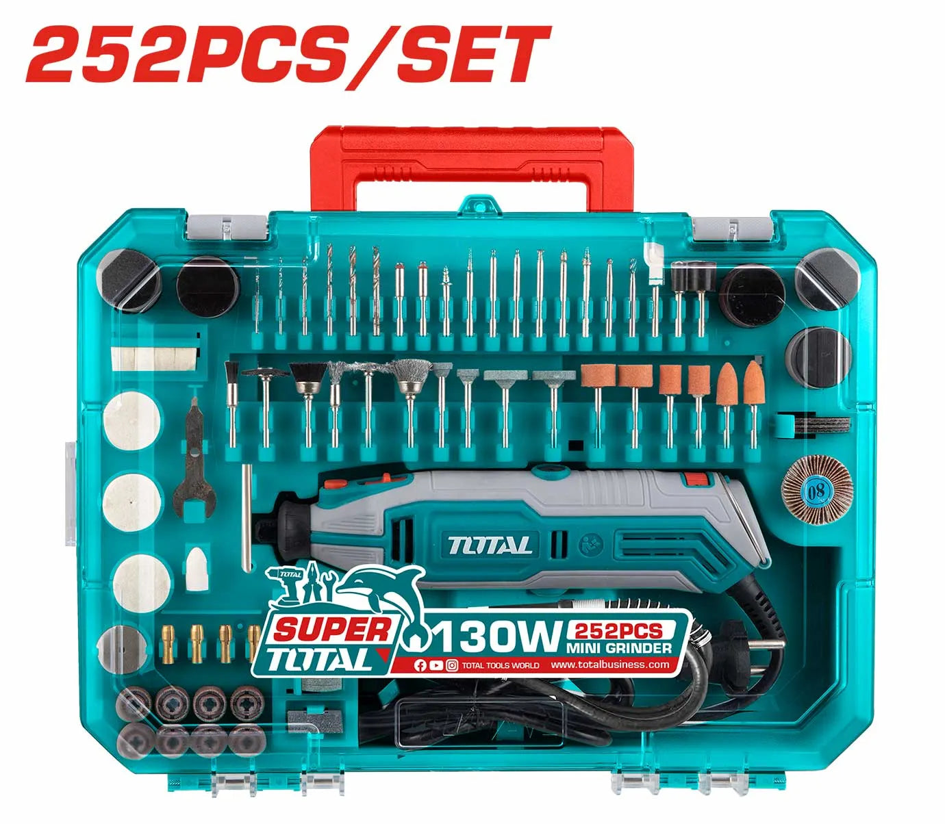 Mini-meuleuse droite TOTAL TG5133261 130W – 251 accessoires, vitesse 10 000-35 000 tr/min, arbre flexible, étui BMC, polissage gravure ponçage