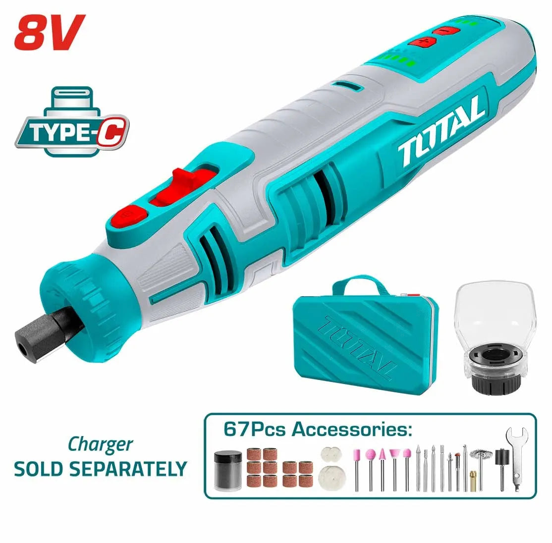 Mini meuleuse sans fil TOTAL TMGLI0801 8V 28 000 tr/min pince 3,2mm 67 accessoires recharge USB-C – SQES Tunisie