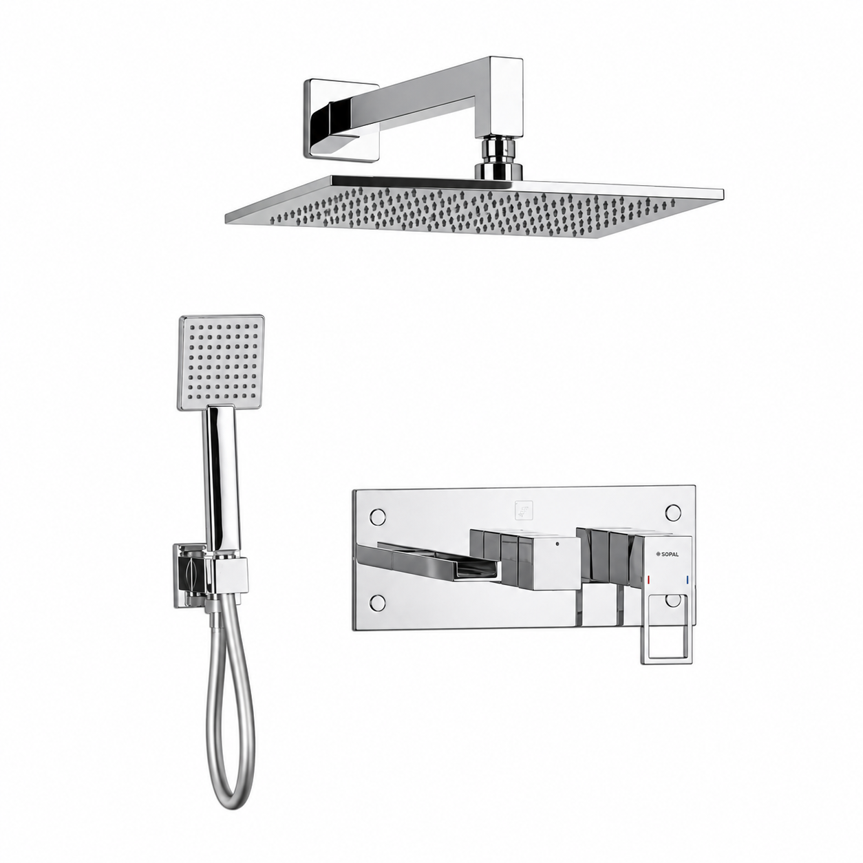 SOPAL Mitigeur Bain/Douche Encastré 3 Sorties Rain Shower Mural Série ZAGHOUAN Réf. 06FWA04 — Inverseur Automatique Verrouillable, Water Saving, Air Power, Energy Saving, Cartouche Céramique Ø35mm, Laiton Chrome, Garantie 5 Ans, Made in Tunisia | SQES Tunisie