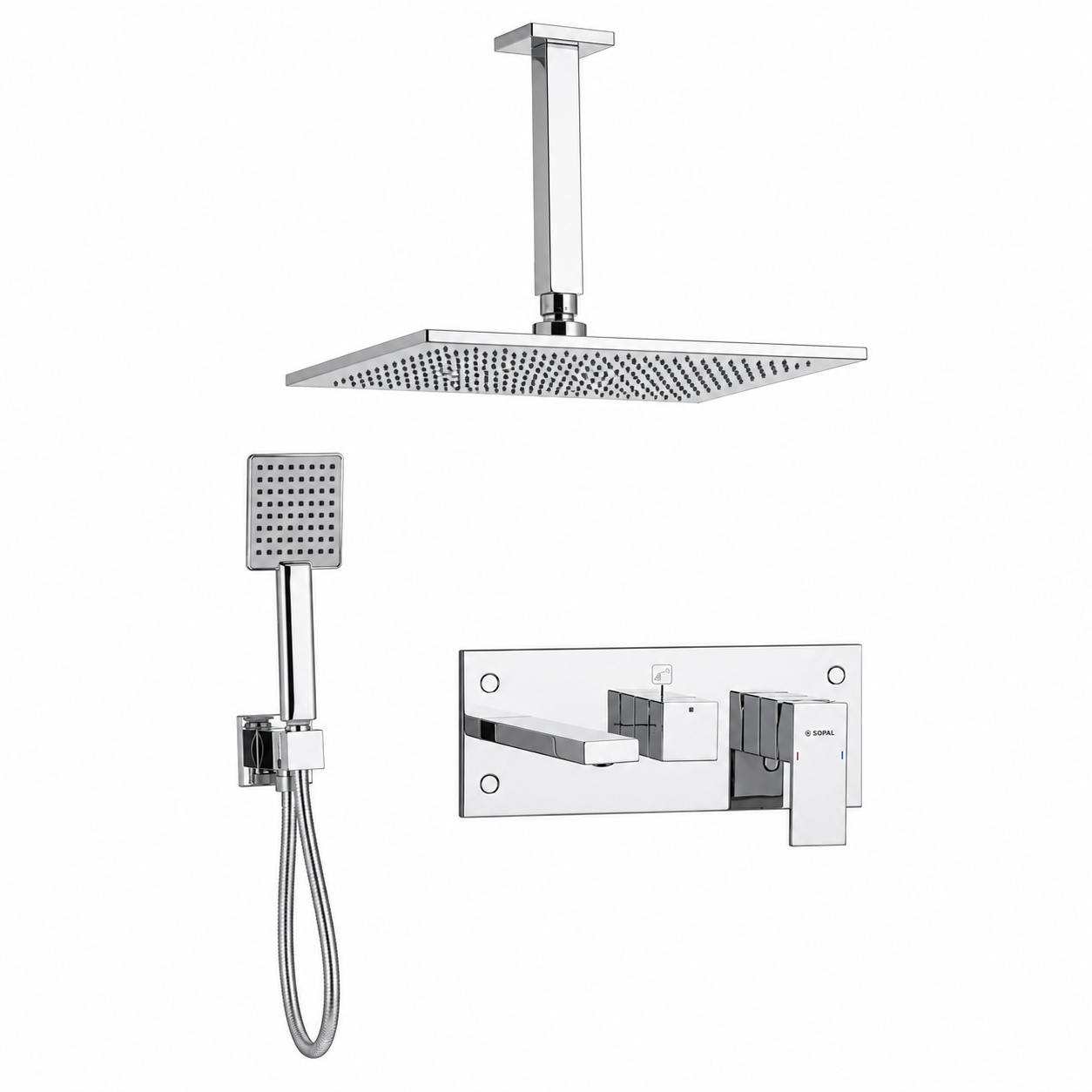 SOPAL Mitigeur Bain/Douche Encastré 3 Sorties Rain Shower Plafonnier Série El Jem Réf. 06FDA04 — Inverseur Automatique 3 Voies, Bec Bain + Rain Shower Plafonnier, Cartouche Céramique Ø40mm Water Saving, Chromé NF EN ISO 1456, Laiton, Garantie 5 Ans, Made in Tunisia | SQES Tunisie