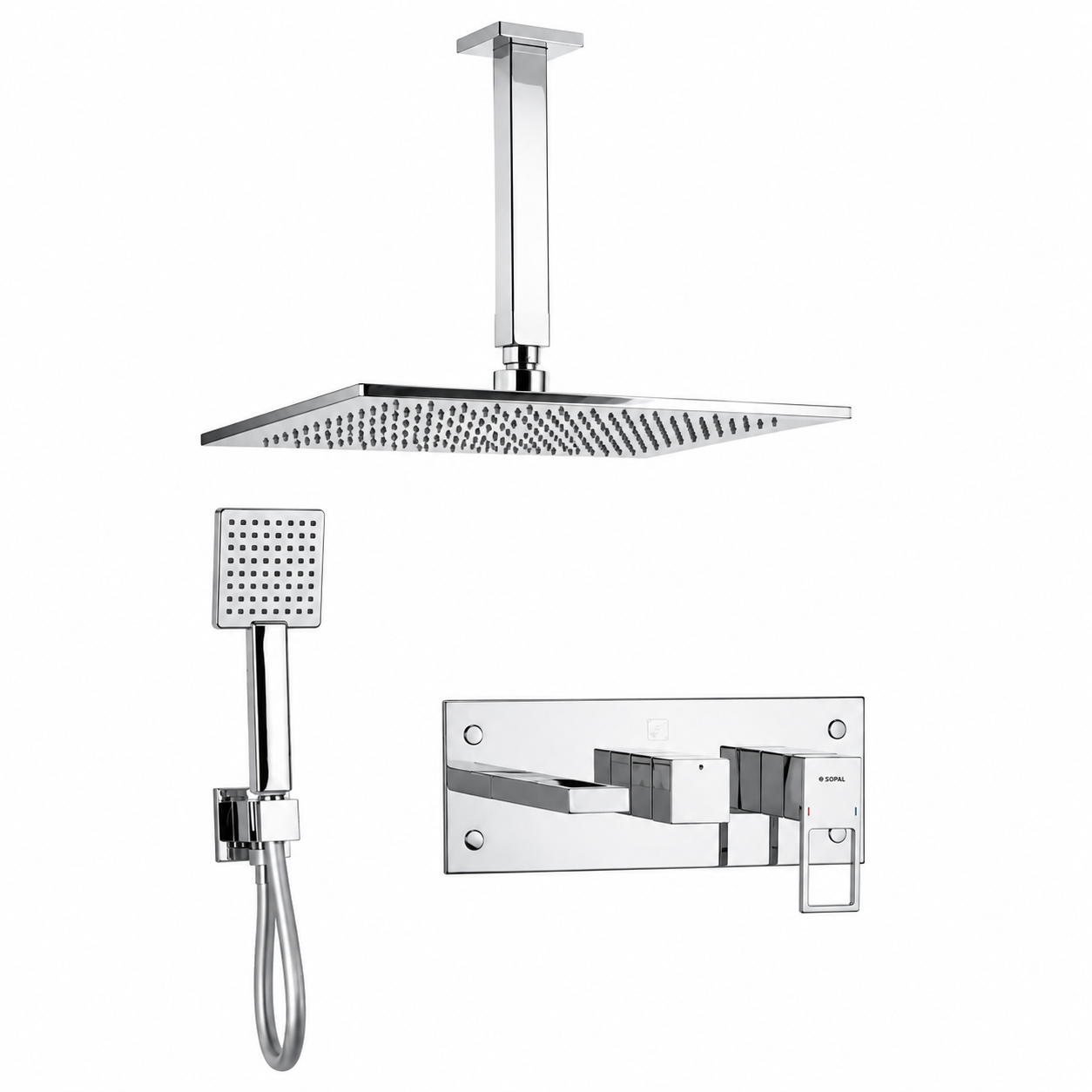 SOPAL Mitigeur Bain/Douche Encastré 3 Sorties Rain Shower Plafonnier Série ZAGHOUAN Réf. 06G0A04 — Inverseur Automatique Verrouillable, Water Saving, Air Power, Energy Saving, Cartouche Céramique Ø35mm, Laiton Chrome, Garantie 5 Ans, Made in Tunisia | SQES Tunisie