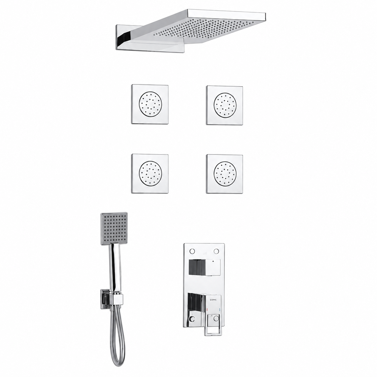 SOPAL Mitigeur Douche Encastré Hydromassage Série Zaghouan Réf. 06FOA04 — Pommeau Mural Double Jet, Bec en U, Cartouche Céramique Ø40mm Water Saving, Chromé NF EN ISO 1456, Laiton, Garantie 5 Ans, Made in Tunisia | SQES Tunisie
