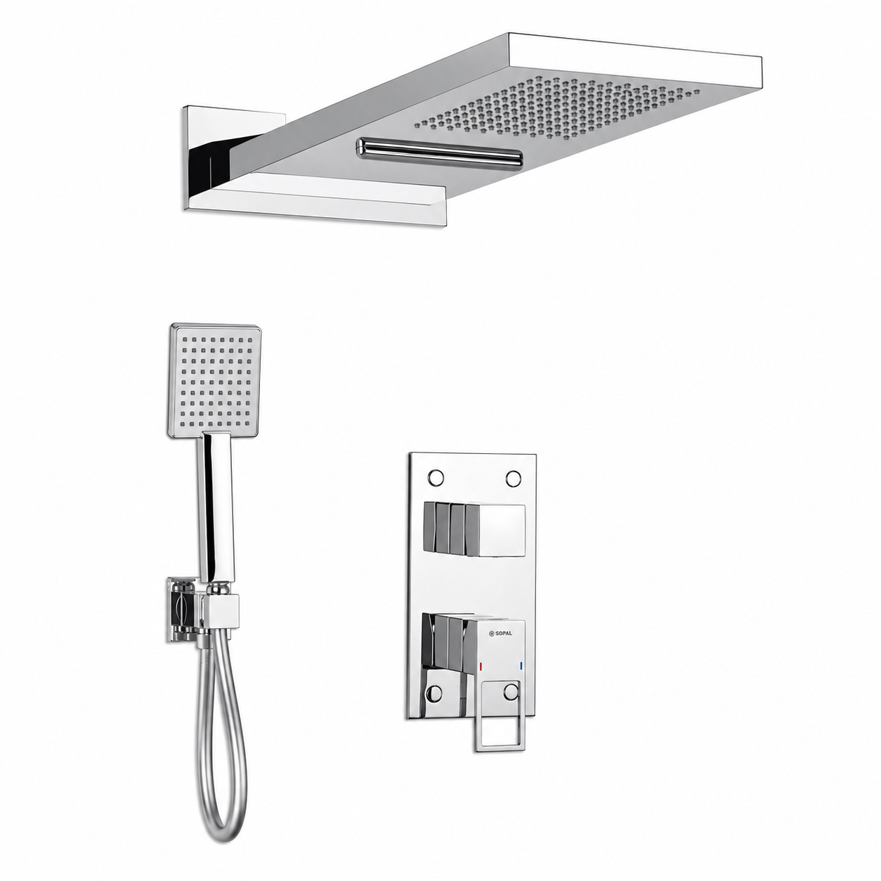 SOPAL Mitigeur Douche Encastré Pommeau Mural Double Jet Série Zaghouan Réf. 06FQA04 — Pommeau Double Jet avec Bras, Douchette à Main avec Flexible et Support, Air Power, Energy Saving, Water Saving, Cartouche Céramique Ø35mm, Chromé NF EN ISO 1456, Laiton, Garantie 5 Ans, Made in Tunisia | SQES Tunisie