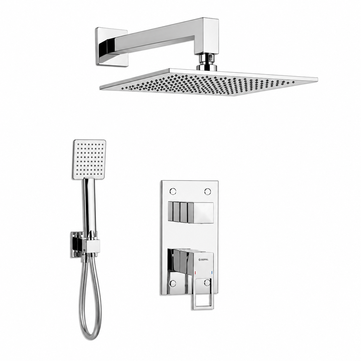 SOPAL Mitigeur Douche Encastré Rain Shower Mural Série Zaghouan Réf. 06FSA04 — Rain Shower Mural avec Bras, Douchette à Main avec Flexible et Support, Air Power, Energy Saving, Water Saving, Cartouche Céramique Ø35mm, Chromé NF EN ISO 1456, Laiton, Garantie 5 Ans, Made in Tunisia | SQES Tunisie