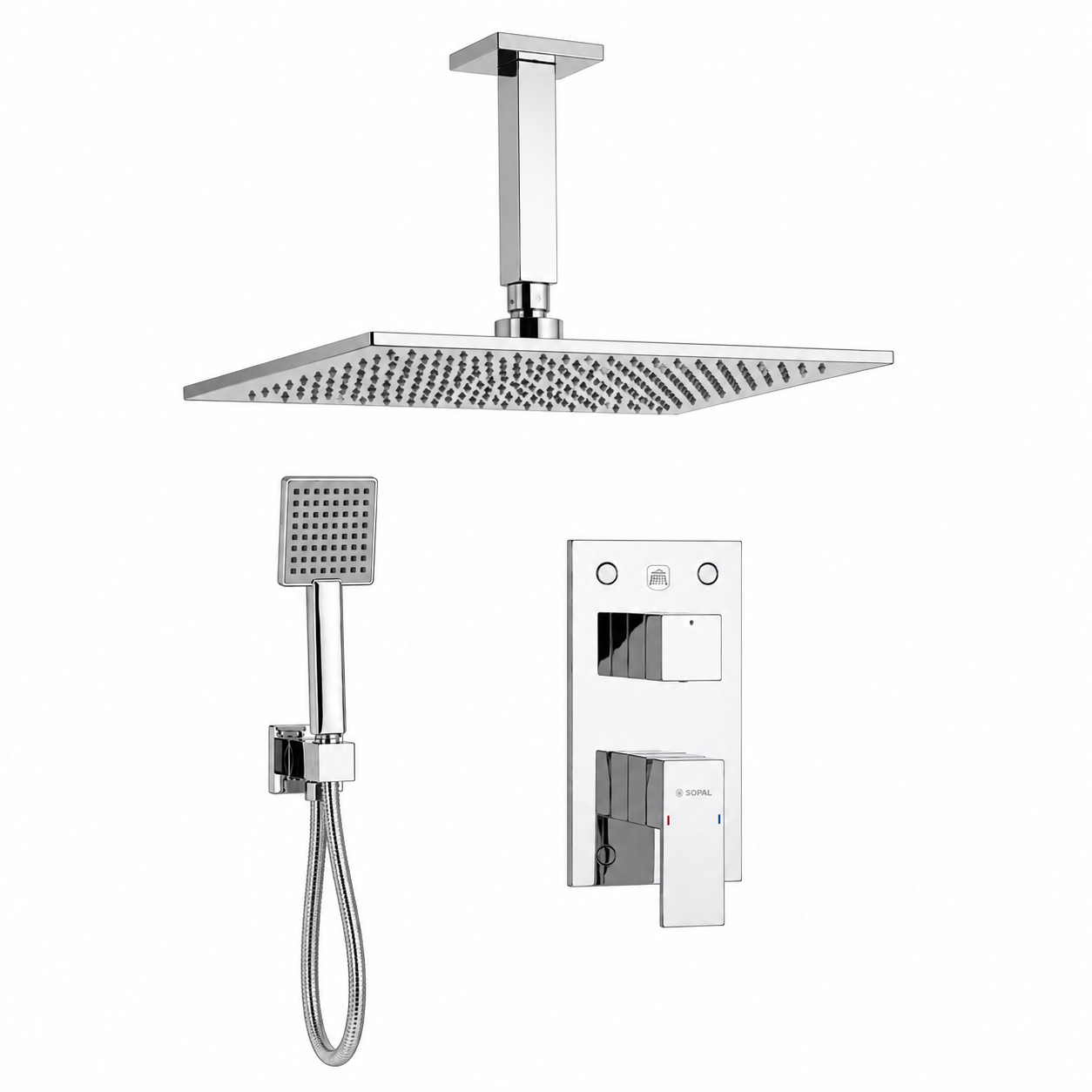 SOPAL Mitigeur Douche Encastré Rain Shower Plafonnier Série El Jem Réf. 06FHA04 — Cartouche Céramique Ø40mm Water Saving, Chromé NF EN ISO 1456, Laiton, Garantie 5 Ans, Made in Tunisia | SQES Tunisie
